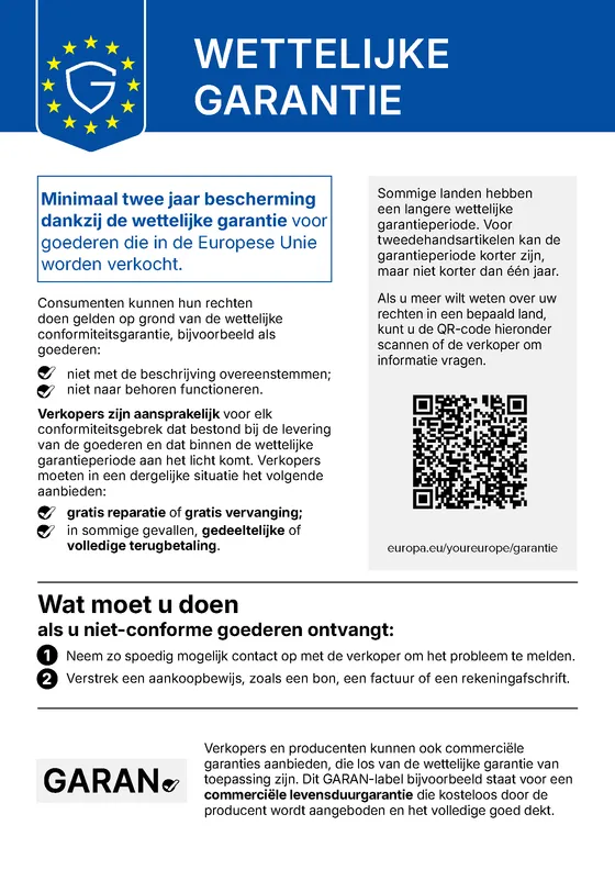 Officiële EU-mededeling over de wettelijke garantie: minimaal twee jaar bescherming dankzij de wettelijke garantie voor goederen die in de Europese Unie worden verkocht. Consumenten kunnen hun rechten doen gelden op grond van de wettelijke conformiteitsgarantie, bijvoorbeeld als goederen niet met de beschrijving overeenstemmen of niet naar behoren functioneren. Verkopers zijn aansprakelijk voor elk conformiteitsgebrek dat bestond bij de levering van de goederen en dat binnen de wettelijke garantieperiode aan het licht komt; zij moeten in een dergelijke situatie gratis reparatie of gratis vervanging aanbieden, in sommige gevallen een gedeeltelijke of volledige terugbetaling. Sommige landen hebben een langere wettelijke garantieperiode; voor tweedehandsartikelen kan de garantieperiode korter zijn, maar niet korter dan één jaar. Wie niet-conforme goederen ontvangt, neemt zo spoedig mogelijk contact op met de verkoper om het probleem te melden en verstrekt een aankoopbewijs, zoals een bon, een factuur of een rekeningafschrift. Voor meer informatie over de rechten in een bepaald land kun je de QR-code op de mededeling scannen (europa.eu/youreurope/garantie) of het de verkoper vragen. Verkopers en producenten kunnen daarnaast commerciële garanties geven, die losstaan van de wettelijke garantie; het GARAN-label staat bijvoorbeeld voor een commerciële duurzaamheidsgarantie van de producent zonder extra kosten die het hele product dekt.